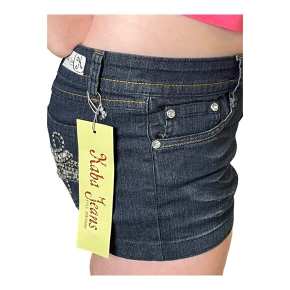 NEW Kaba JEAN SHORTS SZ 7 Dark Blue Denim Stone Stud Bedazzled Double Lasso NWT - Picture 10 of 12